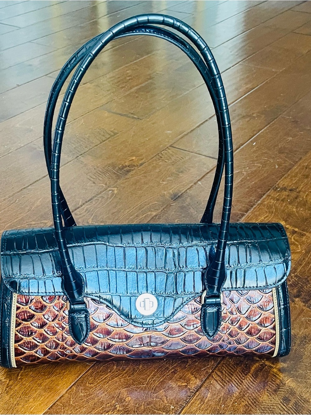 Brahmin Black and Brown Croc-Embossed Shoulder Bag